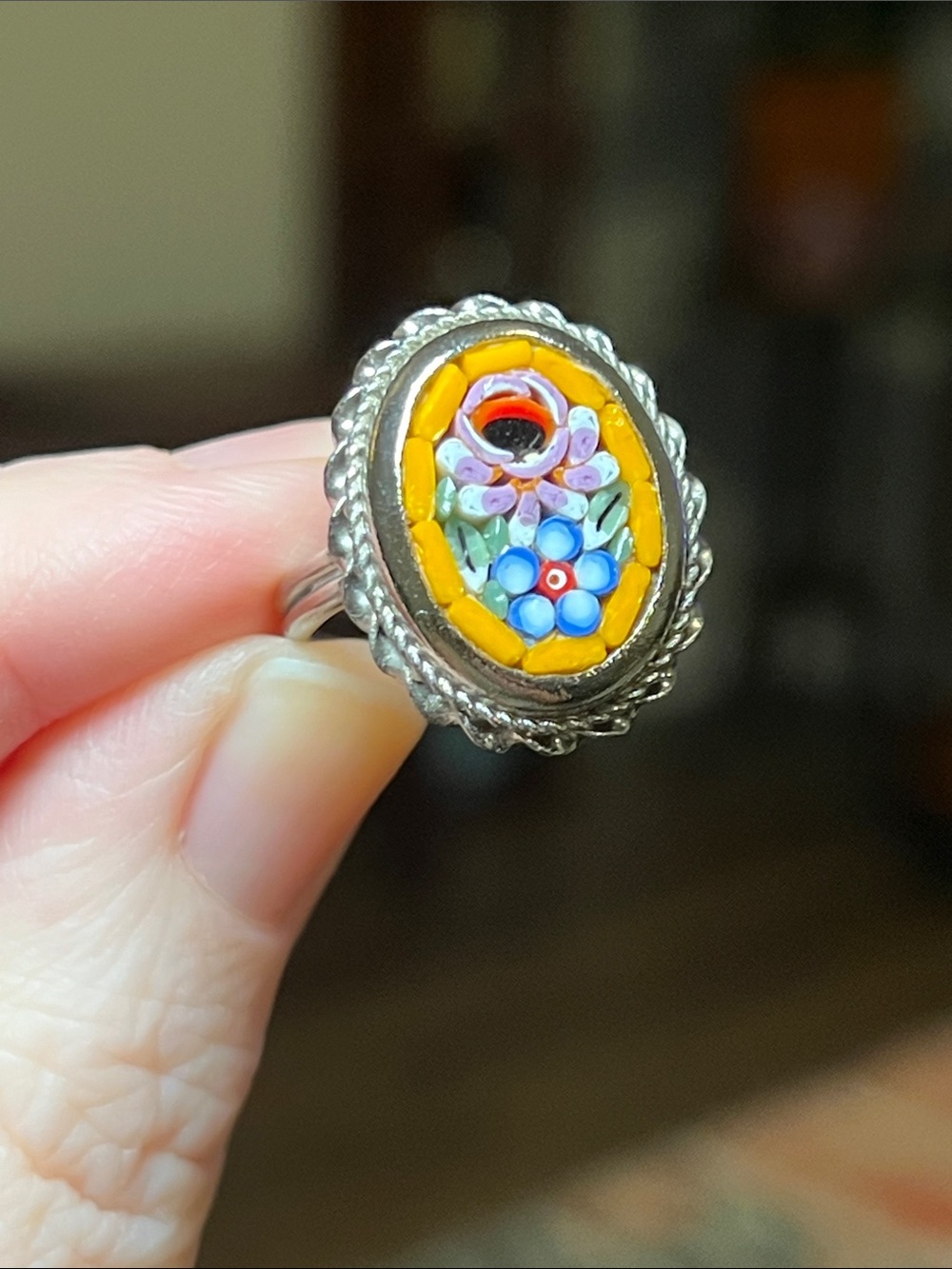 Vintage Italian Micromosaic Flower Adjustable Silver Ring